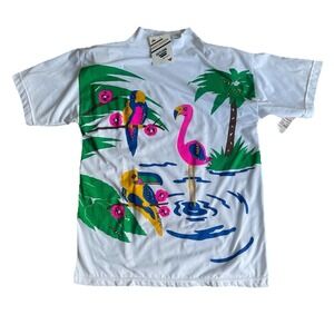 Deadstock 80's Tropical T-Shirt Small‎ Shoulder Pads Flamingo Palm Tree NWT